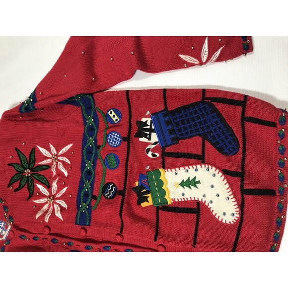 Hampshire Studio Vintage Red Embroidered Christmas Sweater Cardigan Size L - Picture 4 of 11